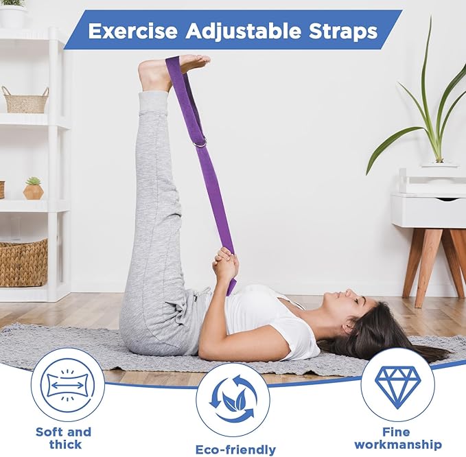 10 Pcs Yoga Strap 8ft Yoga Stretching Exercise Band Stretching Belt with Adjustable Metal D Ring Buckle Loop for Pilates, Dance, Physical Therapy, Gym Workout-FlexoryFit