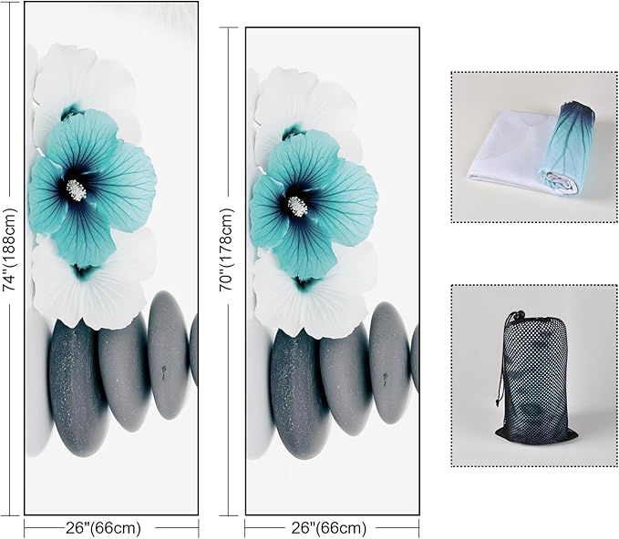 QiyI Yoga Towel with Travel Bag, Microfiber Mat-Sized Hot Yoga Towels, Non Slip Blanket with Corner Pockets, Quick Dry Mat Towel for Bikram, Pilates, Fitness - 70"x26", Pebbles & Blue White Flowers-FlexoryFit
