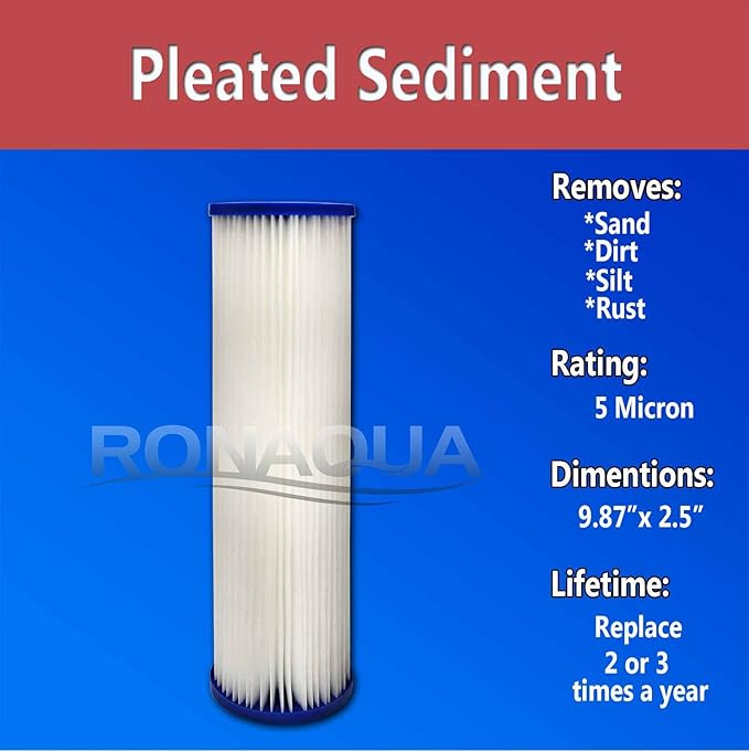 Pleated Sediment Water Filter Cartridge 9.87”x 2.5” Amplified Surface Area, Removes Sand, Dirt, Rust, Extended Filter Life WELL-MATCHED with WHKF-WHPL, 801-50, WB-50W, WFPFC3002, SPC-25-1050 (2 Pack)