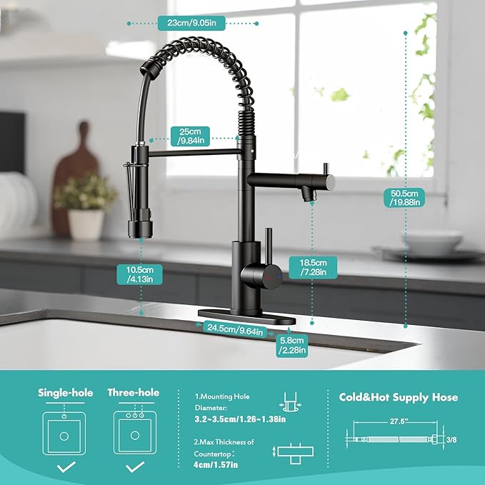 Commercial Pull-Down Kitchen Sink Faucet - Single Handle, Dual Spout, Stainless Steel, with Countertop & Sprayer (Black-03)