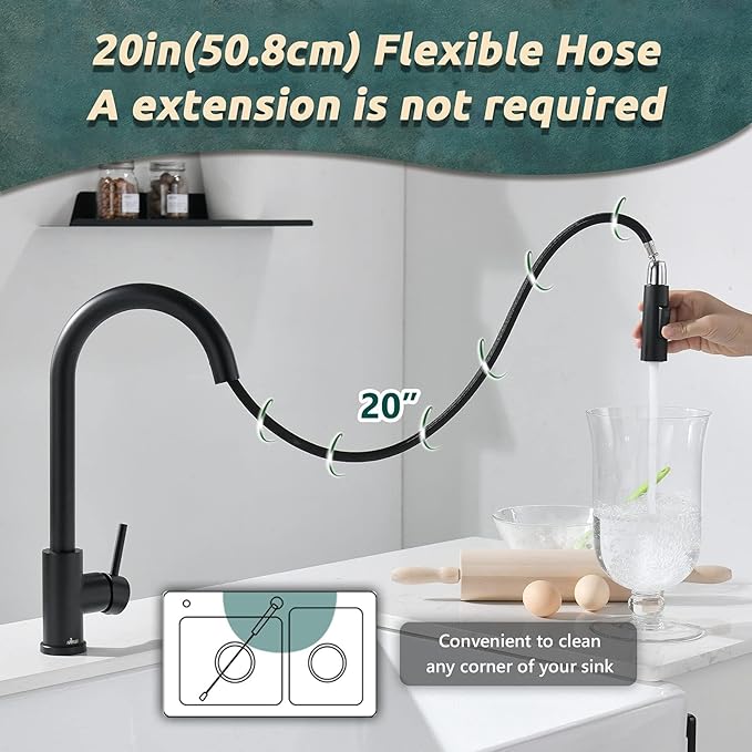 APPASO Black Kitchen Faucet, Modern Kitchen Faucet with Pull Down Sprayer Matte Black, Single-Handle High Arc Gooseneck Modern Kitchen Sink Faucet with Deck Plate APS202-BS