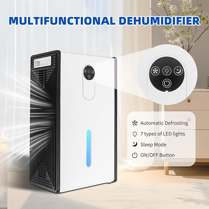 Dehumidifier for 1076 sq.ft,Quiet Portable Moisture Absorber with Auto Shut Off, Auto Defrost,72 OZ Water Tank,Drain Hose,7 Color LED Light,Sleep Mode for Basement Home Bedroom Bathroom RV