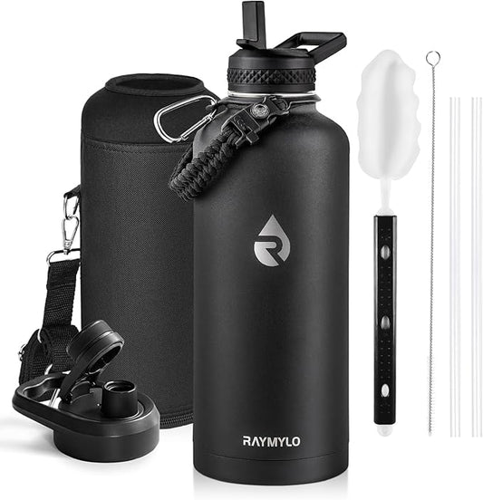 Insulated Water Bottle 87 oz, Triple Wall Vacuum Stainless Steel (Cold for 48 Hrs), Leak Proof & Non-BPA, Modern Water Flask Jug with Paracord Handle & Straw Spout Lids, Magic Black-FlexoryFit