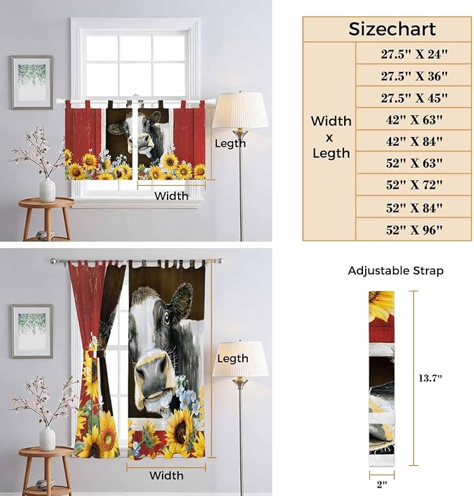 Cows Sunflowers Bathroom Curtains 63 Inch Length, Window Curtains Tab Top - Image 8