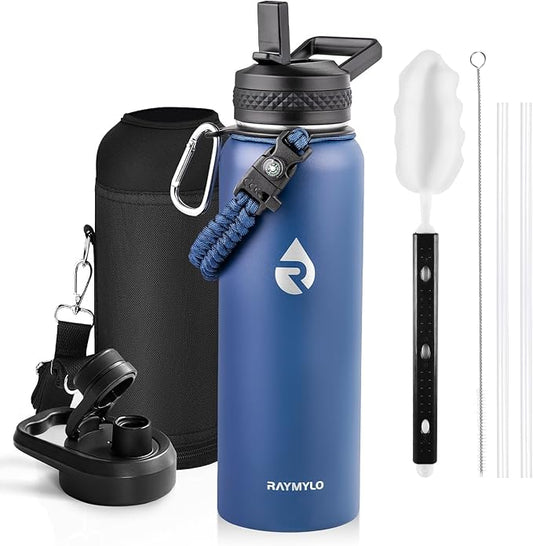 Insulated Water Bottle 40 oz, Triple Wall Vacuum Stainless Steel (Cold for 48 Hrs), Leak Proof & Non-BPA, Modern Water Flask Jug with Paracord Handle & Straw Spout Lids, Navy Blue-FlexoryFit