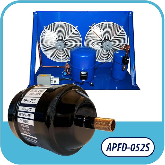 Appli Parts APFD-052S 1/4 in Liquid Line Refrigerant AC Filter Drier hvac Refrigeration 052S ODF Sweat Solder connection universal unidirectional 4-1/2 in long 2 in wide