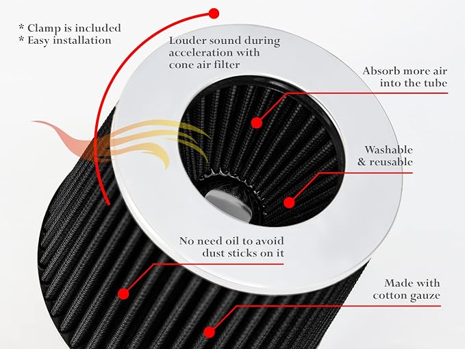 BLACK 6" 152 mm Inlet Truck Air Cone Replacement Performance Washable Clamp-On - Image 4
