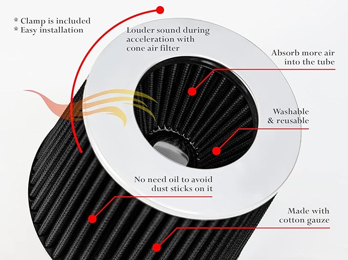 BLACK 2.75" 70 mm Inlet Cold Air Cone Replacement Performance Washable Clamp-On Dry Air Filter