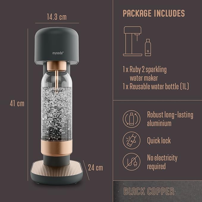 Ruby 2 Sparkling Water Maker - Soda Streaming Machine Silent Carbonated Water Machine Robust Long-Lasting Aluminium Soda Maker 1L Water Bottle Without CO2 Cylinder - Black Copper Soda Machine