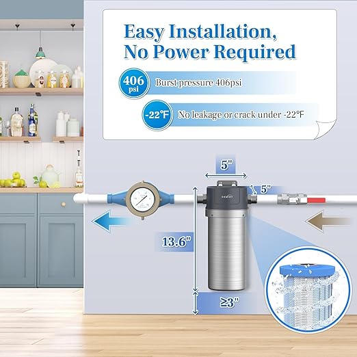 Whole House Water Filter, Stainless Steel Filter Housing, 10"x4.5" Sediment Filter Pre-Filtration System for Well or City Water, 1" or 3/4" NPT Port, 1 Filter