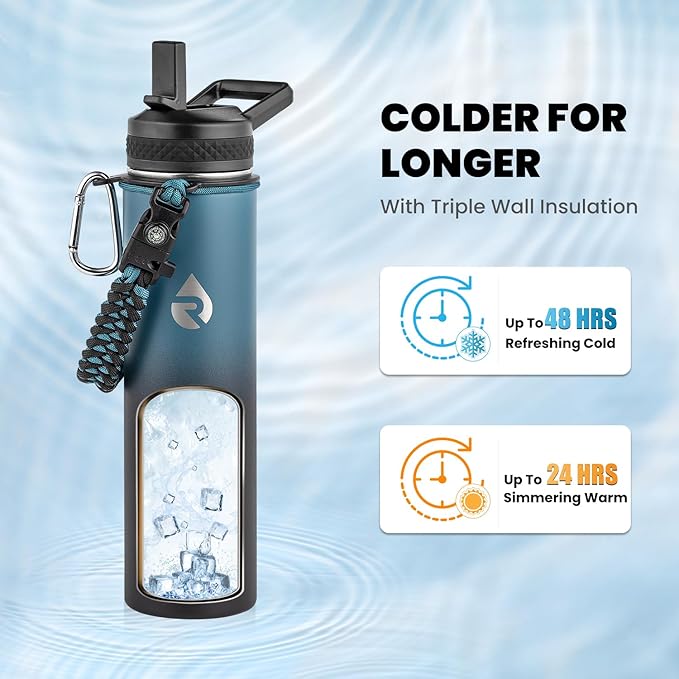 Insulated Water Bottle 24oz, Triple Wall Vacuum Stainless Steel (Cold for 48 Hrs, Hot for 24Hrs), Leak Proof & Non-BPA, 24oz Hydro Water Flask with Paracord Handle & Straw Spout Lids-FlexoryFit
