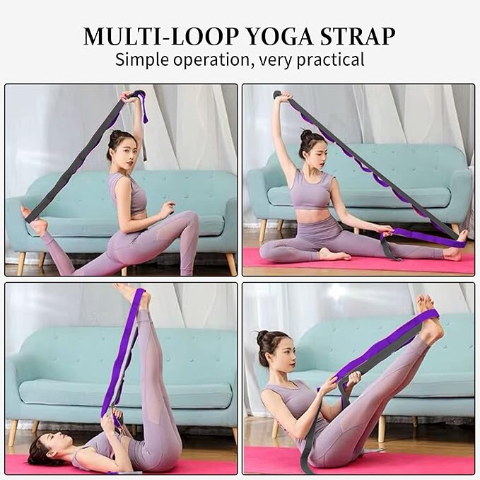 Stretching Strap Yoga Strap, 10 Loops Non-Elastic Stretch Bands Helps Women and Men Improve Flexibility for Home Workout, Physical Therapy, Pilates, Exercise, Dance, Comes with Door Anchor-FlexoryFit
