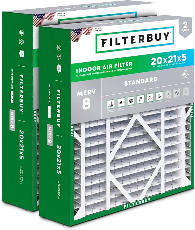 Filterbuy 20x21x5 Air Filter MERV 8 Dust Defense (2-Pack), Pleated HVAC AC Furnace Air Filters Replacement for Lennox and Electro-Air (Actual Size: 19.88 x 20.50 x 4.38 Inches)