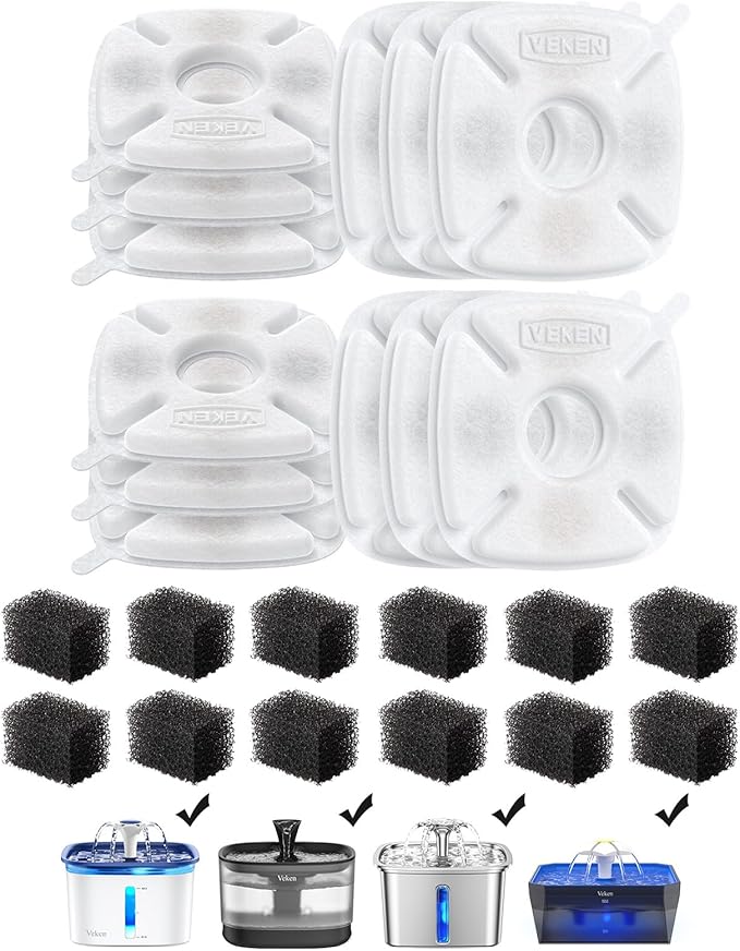 Veken Cat Water Fountain Filter, Classic 12 Pack Replacement Filters & 12 Pack Replacement Pre-Filter Sponges for 50oz, 84oz, 95oz Automatic Pet Fountain Dog Water Dispenser