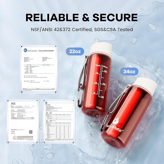 Survimate 5-Stage 0.01μm Ultra-Filtration Filtered Water Bottle, BPA-Free Material, NSF/ANSI 42&372 Certified, Portable Water Filter Bottle for Survival, Camping, Hiking, and Emergency Use