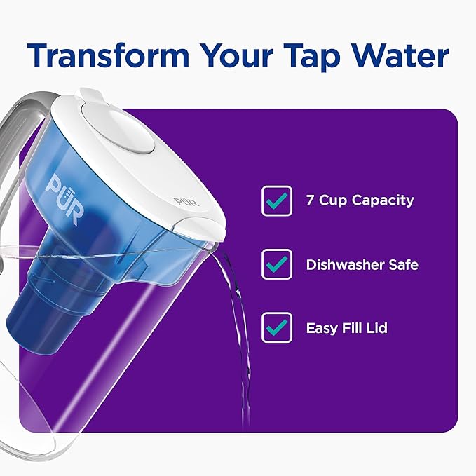 PUR 7-Cup Water Pitcher, 1 Genuine Filter, Cleaner, Great-tasting Water, Dishwasher Safe, Powerful, Faster Filtration, LockFit Cap Design - White