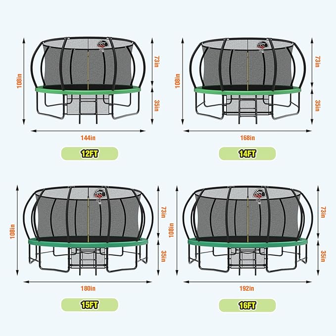 10 12 14 15 16FT Outdoor Trampolines for Kids and Adults, Pumpkin Trampoline with Curved Poles, Recreational Trampoline with Basketball Hoop and Safety Enclosure Net for Kids and Adults-FlexoryFit