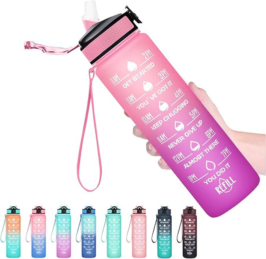 Hyeta 32 oz Water Bottles with Times to Drink and Straw, Motivational Water Bottle with Time Marker, Leakproof, Drinking Sports Water Bottle for Fitness, Gym and Outdoor-FlexoryFit