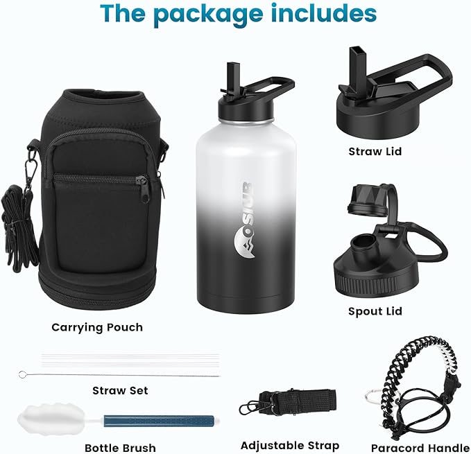 Insulated Water Bottle 64 oz, Triple Wall Vacuum Stainless Steel(Cold for 48 Hrs),Leak Proof & BPA-Free,Half Gallon Water Bottle with Reflective Paracord & Flip Straw for Sports & Travel, DarkGray-FlexoryFit