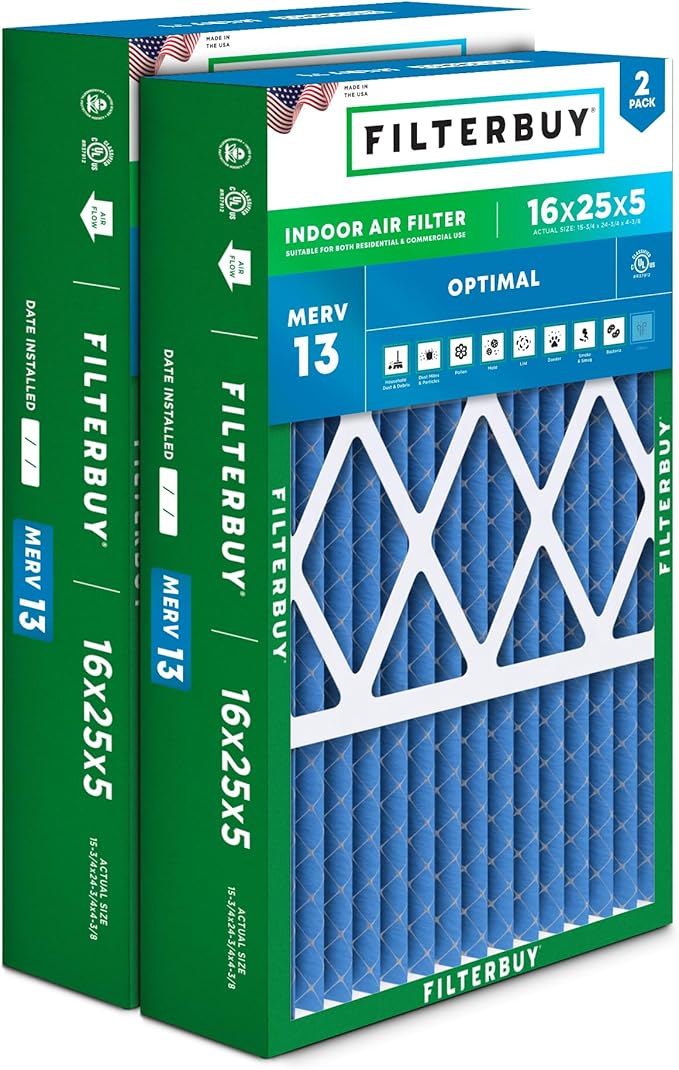 Filterbuy 16x25x5 Air Filter MERV 13 Optimal Defense (2-Pack), Pleated HVAC AC Furnace Air Filters for Honeywell FC100A1029, Lennox X6670, Carrier, & More (Actual Size: 15.75 x 24.75 x 4.38 Inches)