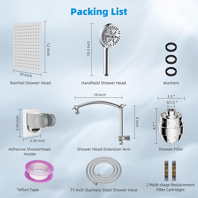 Hibbent All Metal 12'' Dual Filtered Rainfall Shower Head Combo, High Pressure Handheld Shower Head with 16'' Adjustable Arc Extension Arm, 20 Stage Shower Filter, 10-spray, 71'' Shower Hose, Chrome