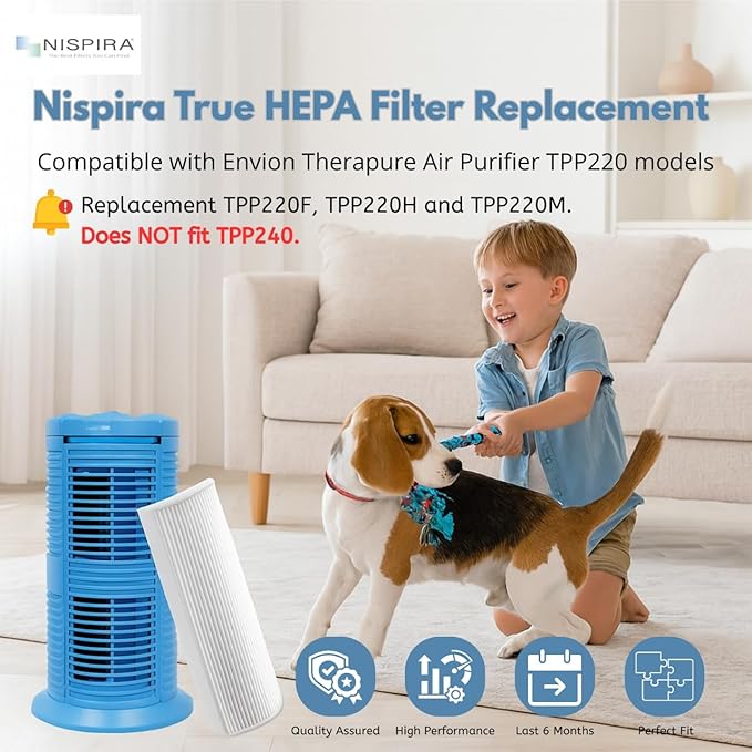 Nispira True HEPA Air Filter Replacement Compatible with Envion Therapure Air Purifier Models TPP220, TPP220F, TPP220H & TPP220M - 12.5” x 4.35” x 2.1” (1 Pack)