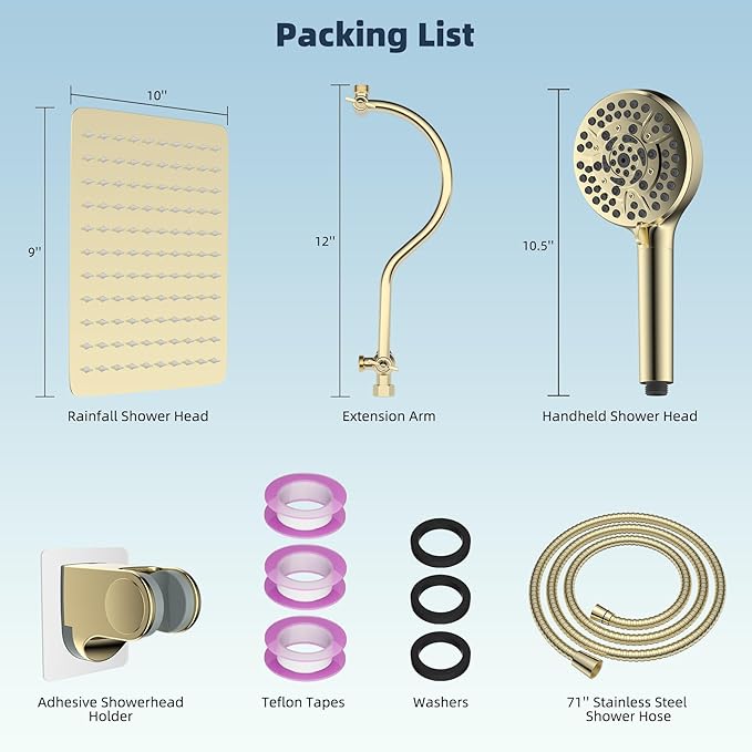 Hibbent All Metal Shower Head, 10'' High Pressure Rainfall Shower Head/Handheld Gold Showerhead Combo with 12'' Adjustable Shower Extension Arm, 10-Spray, 71'' Hose Showerhead Holder, Polished Brass