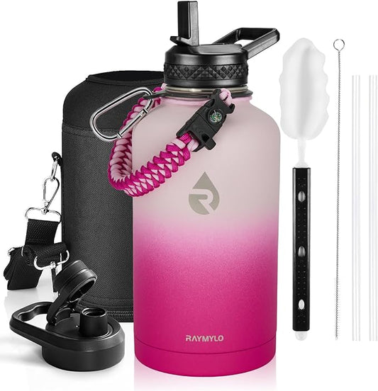 Insulated Water Bottle 64 oz, Triple Wall Vacuum Stainless Steel (Cold for 48 Hrs), Leak Proof & Non-BPA, Half Gallon Water Flask Jug with Paracord Handle & Straw Spout Lids, Ombre Pink-FlexoryFit