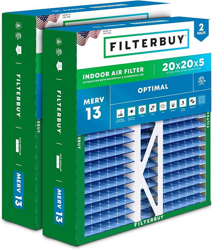 Filterbuy 20x20x5 Air Filter MERV 13 Optimal Defense (2-Pack), Pleated HVAC AC Furnace Air Filters Replacement for Honeywell FC100A1011, Lennox X0585 & More (Actual Size: 19.63 x 19.88 x 4.38 Inches)