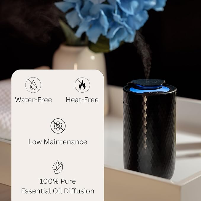 Waterless Essential Oil Diffuser - Portable Cordless Aromatherapy Diffuser for Home, Car & Office - 3 Mist Levels - 15ml Oil Capacity Waterless Scent Machine - USB-C Rechargeable