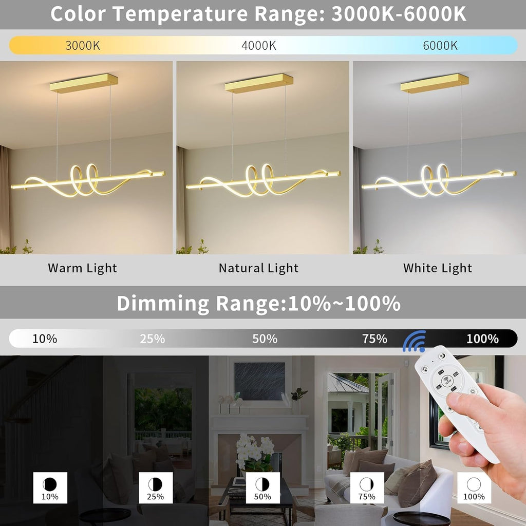 Modern LED Pendant Lights, Ceiling Chandelier Dimmable with Remote Control 3000k-6000K Adjustable Color Temperature, Aluminum Island Lighting Lamp Fixture for Kitchen, Dining Room(47in Gold)
