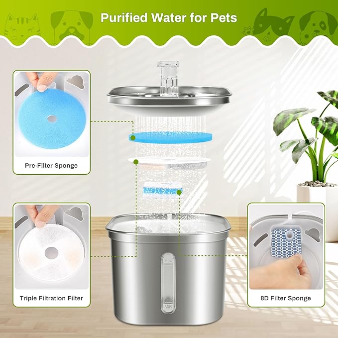 10 Set Cat Water Fountain Filter Replacement for Square 2.2L/73oz Stainless Steel Cat Fountain, ZEKIRY Pet Fountain Filter, Triple Filtration Replacement Filters(10 Filter, 10 Sponge, 10 8D Sponge)