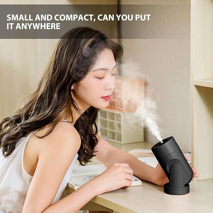 Portable Mini Humidifier,USB Automatic Rotating Super Quiet Small Desktop Cool Mist Humidifier for Bedroom Office Car Travel (Black)