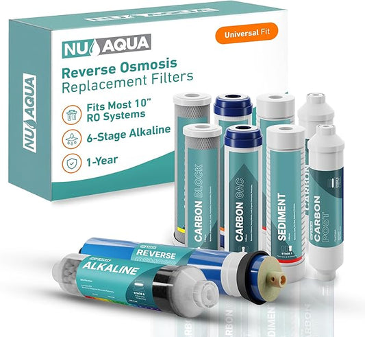 NU Aqua Reverse Osmosis Water Filter System Replacement Set - 6 Stage 1 Year Alkaline Under Sink Kit - Membrane, Sediment, Carbon Filters, Parts & Fittings - Universal RO Filtration Cartridge Pack