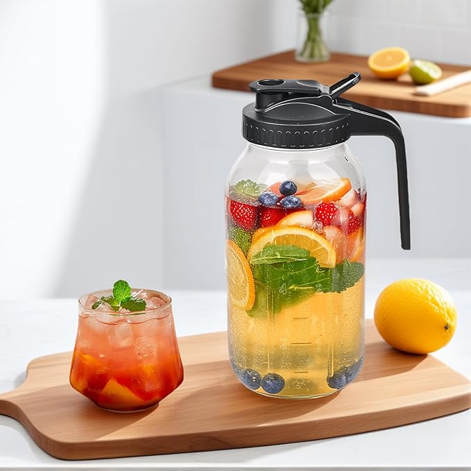 3 Pack 64oz Glass Mason Jar Pitcher with Airtight Lid and Handle – Wide Mouth, Leak-Proof, Ideal for Sun Tea, Cold Brew, Lemonade, Iced Coffee, Milk, and Water (Gray)