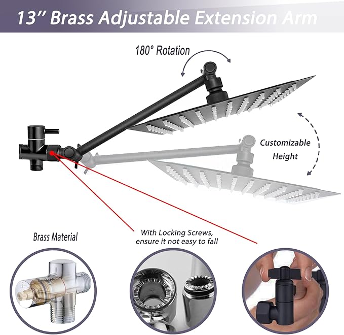 12" High Pressure Square Rain Shower Head and 2-in-1 Hand Shower, Rainfall Showerhead with 13" Shower Arm, Equipped with 78" Hose, Adhesive Shower Head Holder (Square Shower Head Set Black)