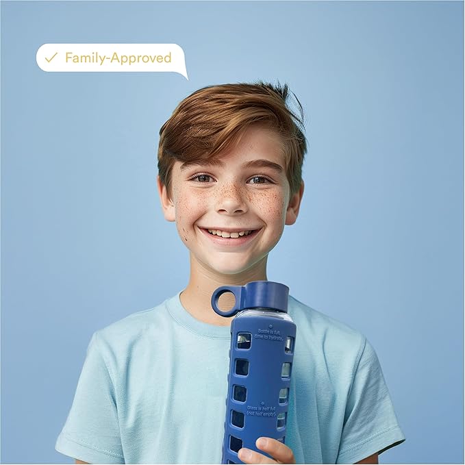 purifyou 40oz / 32oz / 22oz / 12oz Borosilicate Glass Water Bottle with Time & Volume Markers, Silicone Sleeve, Stainless Steel Lid | Reusable Glass Bottle for Water & Juice (12oz Chinese Porcelain)