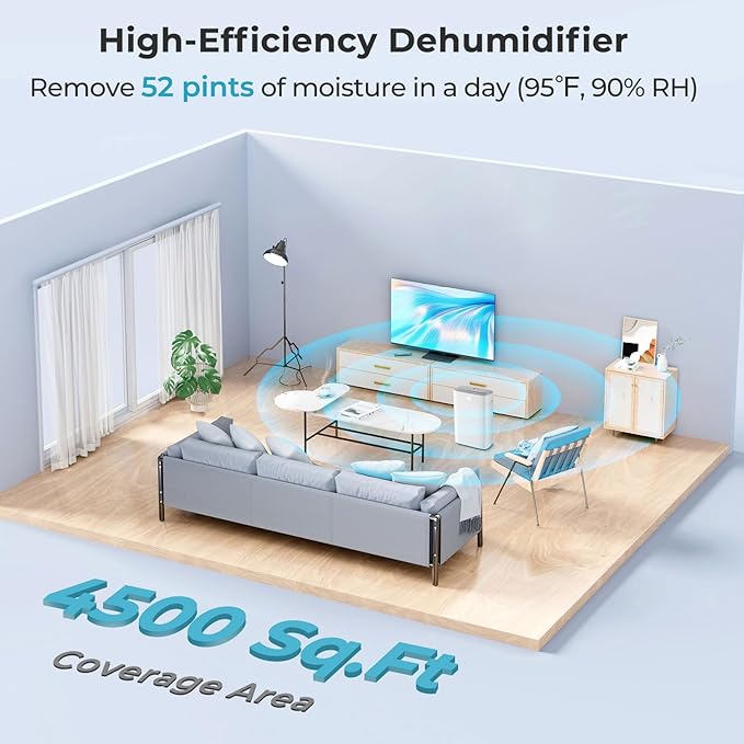 4500 Sq. Ft Dehumidifier for Basement, 52 Pint Garage Dehumidifier for Home, Bedroom & Bathroom with Drain Hose, Smart Humidity Control & Display, 3 Modes, 24H Timer & Auto Defrost