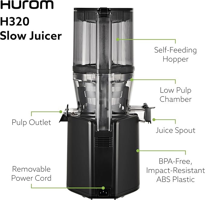 Hurom H320 Cold Press Juicer Machine, Easy to Clean Masticating Slow Juicer, Coarse Strainers, Self-Feeding, Hands Free, Family Size, Quiet Motor, Easy Assembly (Black)-FlexoryFit