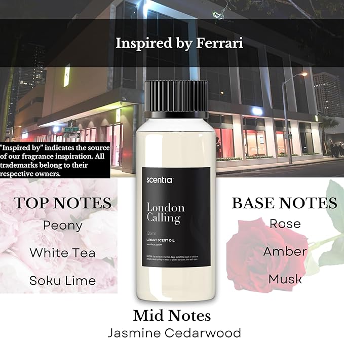 Hotel Diffuser Oil Inspired by Ferrari - 50 ml 1.69 fl oz - Fragrance Oil Blend White Tea, Cedarwood & Soku Lime for Aromatherapy Diffusers and Humidifiers - London Calling, Mothers Day Gift