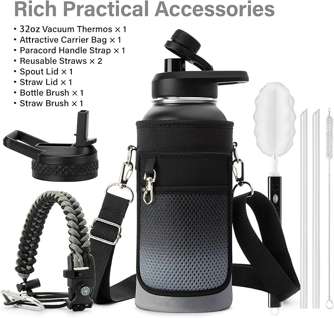 Insulated Water Bottle | Thickened Stainless Steel Vacuum Metal | Portable Sports Water Jug for Gym and Hiking with Straw, Carrier Bag, Handle Strap | BPA-Free 32 oz-FlexoryFit