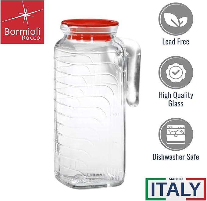 Bormioli Rocco Gelo Glass Jugs with Handle & Spout - Set of 2, 41 Oz. Pitchers for Juice, Water, Milk & Lemonade - Italian Drinkware for Family Dining, Parties, Picnics, BBQs, Outdoor Entertaining