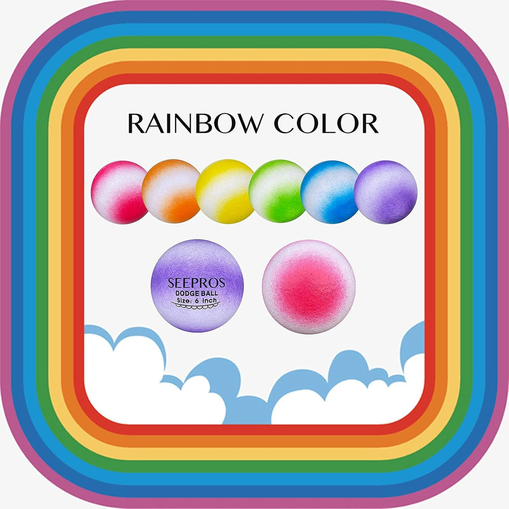 Foam Dodgeball Set - Soft Skin, Low Bounce, Dream Rainbow Color, Perfect for Outdoor, Backyard Games - Set of 6 with Mesh Storage Bag for Kids and Adults Playground Balls