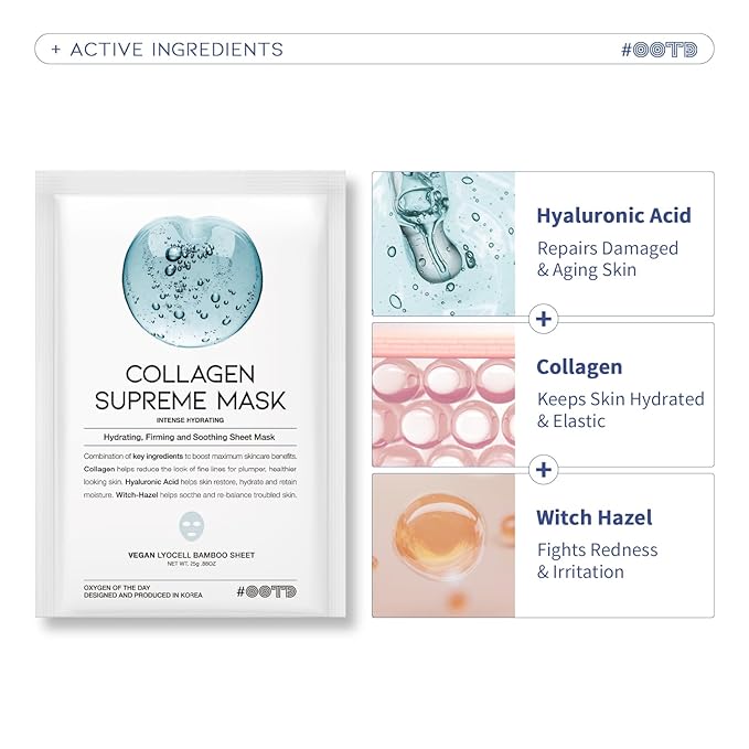 #OOTD Collagen Hydrating Sheet Masks for Face Korean Anti Aging Mask Sheet for Dry Skin & Sensitive Skin, EVE Vegan, Not Tested on Animals, No Parabens, No Sulfates, Hyaluronic Acid, Witch Hazel 10EA-FlexoryFit