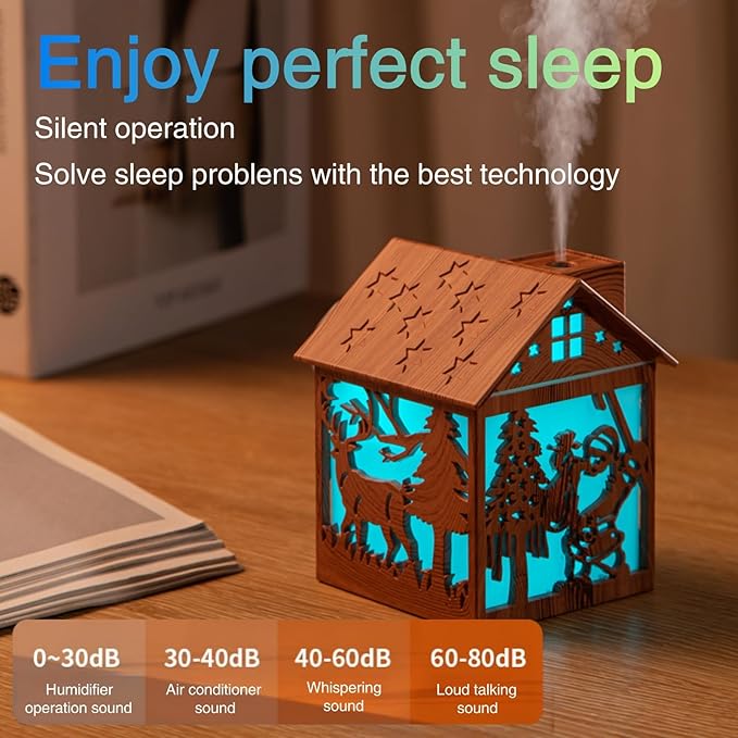 Colorful Cool Mini Humidifier, Cabin styling with Christmas theme，USB Personal Desktop Humidifier 2 Mist Modes, 7 colors,Super Quiet Perfect for Baby Bedroom, Office (Lightwood)
