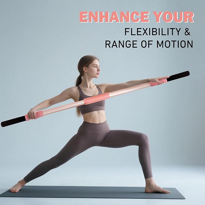 Pink Yoga Stick 58 Inch - Alloy Steel Stretching, Mobility & Exercise Stick with Neck & Hand Pads, Shoulder Flexibility Tool for Yoga, Pilates & Home Gym Workouts-FlexoryFit