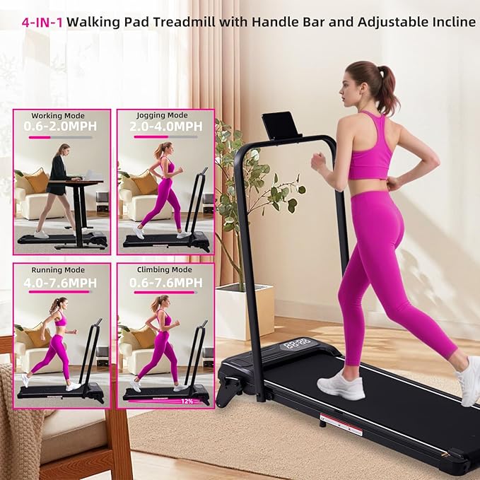 Electric Walking Pad Treadmill with Adjustable Incline and Handle Bar, 3.5HP Small PortableTreadmills for Home Office Small, 4 in 1 Folding Foldable Treadmill with Handles, 0.6-7.6MPH, 350LBS-FlexoryFit