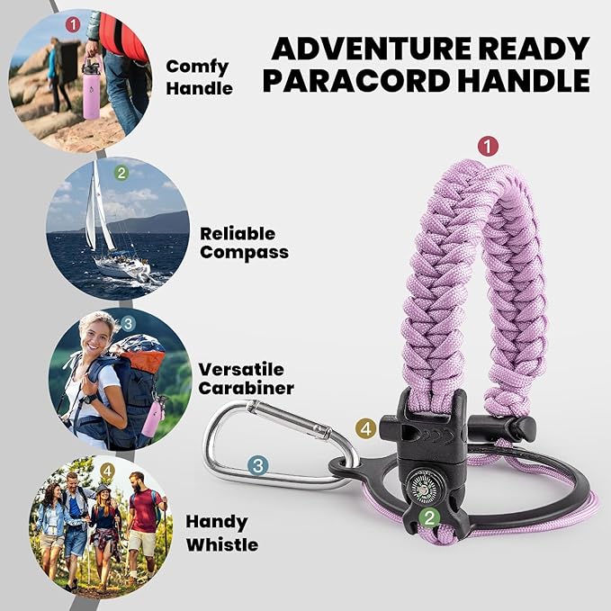 Insulated Water Bottle 40 oz, Triple Wall Vacuum Stainless Steel (Cold for 48 Hrs), Leak Proof & Non-BPA, Modern Water Flask Jug with Paracord Handle & Straw Spout Lids, Lilac-FlexoryFit