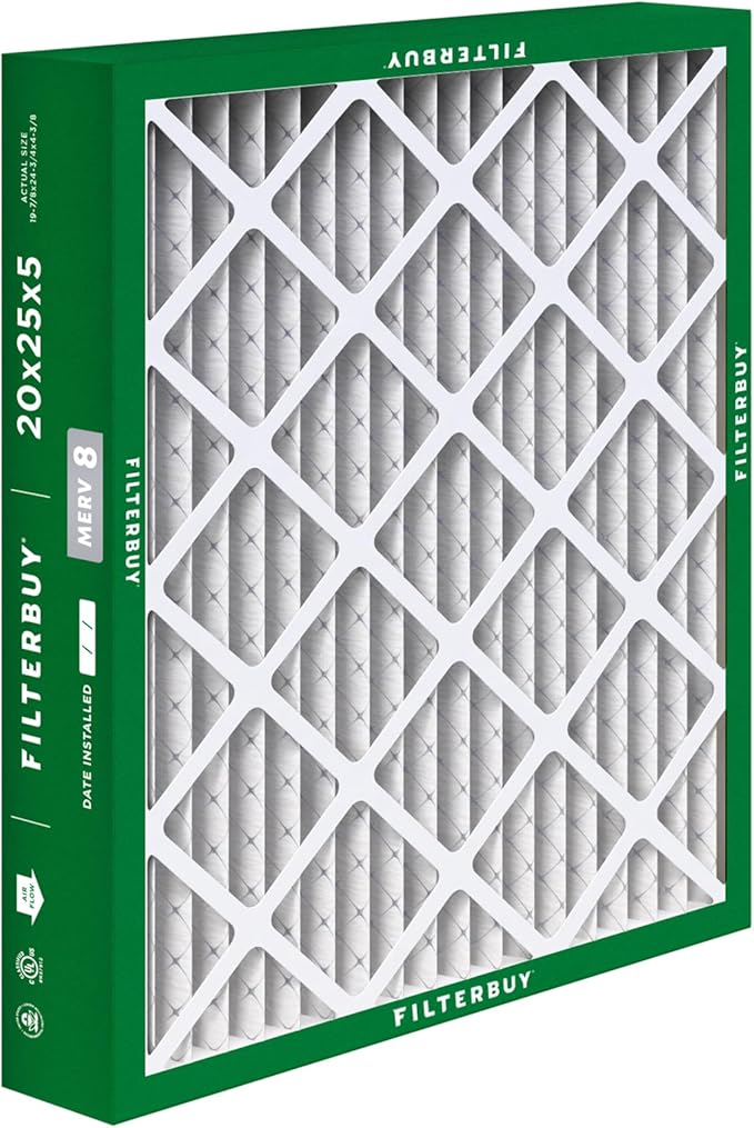 Filterbuy 20x25x5 Air Filter MERV 8 Dust Defense (2-Pack), Pleated HVAC AC Furnace Air Filters for Honeywell FC100A1037, Lennox X6673, Carrier, & More (Actual Size: 19.88 x 24.75 x 4.38 Inches)