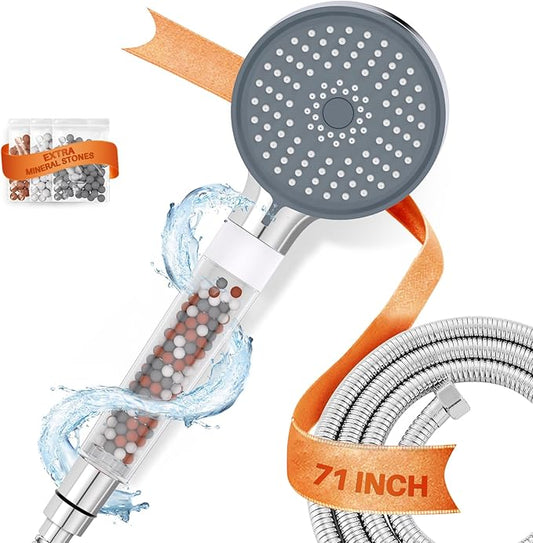 YDmeet Filtered Handheld Shower Head with Long Metal Hose Set, 3-Mode Spray Setting, Extra 6 Packs Replacement Mineral Balls for Refills, Chrome